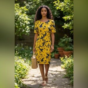 Trina Turk Yellow Navy Floral Sheath Dress Medium